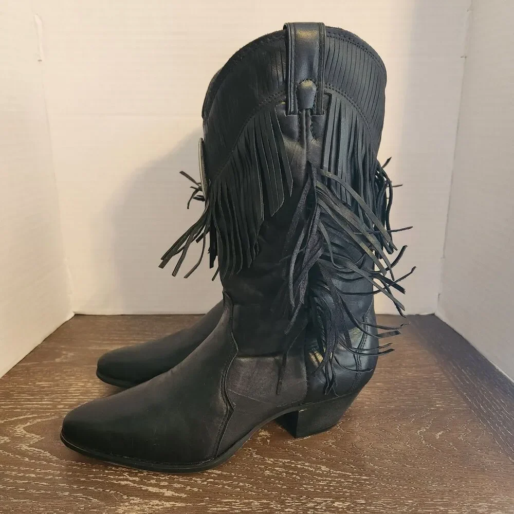Vintage 80s 90s Laredo Black Leather Fringe Western Cowgirl Boots 28-710 NOS